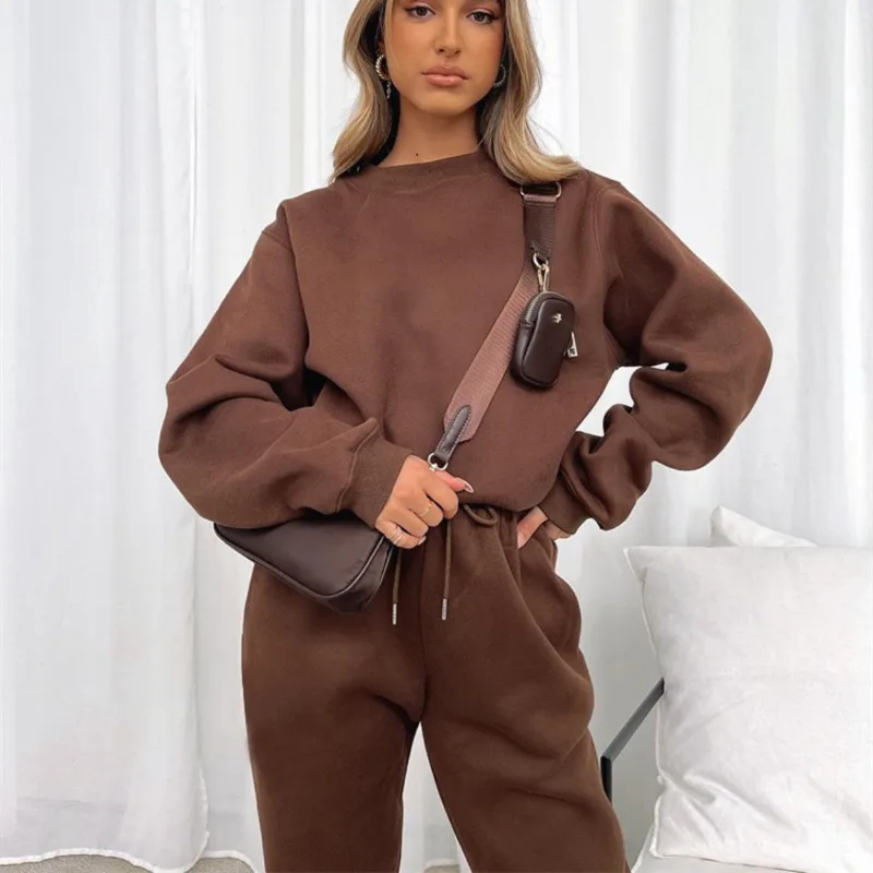 Sports Suit Women 2 Piece Set O-neck Pullover Tops Pants Autumn Winter Long Sleeve Sportswear Loose Solid Streetwear New