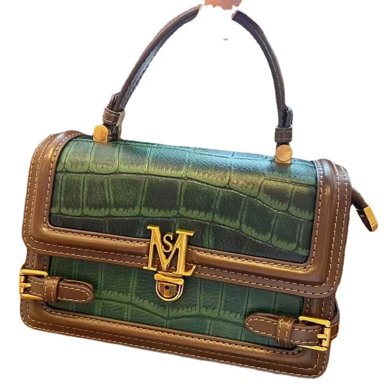 

Luxurious Retro Contrast Color Lock Handbag Leather Women's Bag 2023 New High-grade Versatile Purse Single Shoulder Satchels Sac