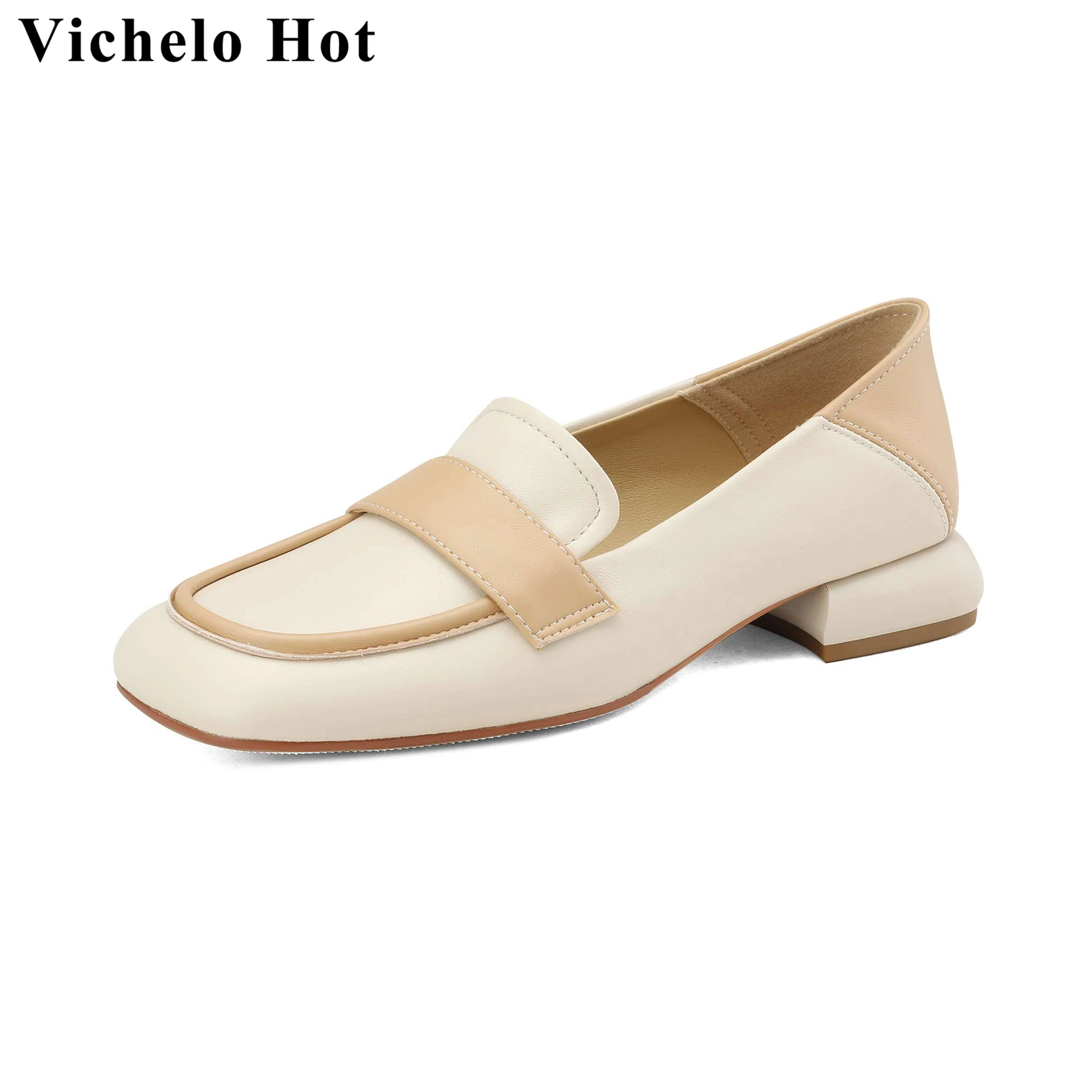 

Vichelo Hot Cow Leather Square Toe Mixed Colors Med Heels Spring Autumn Shoes Slip On Sweet Loafers Casual Dress Ins Women Pumps