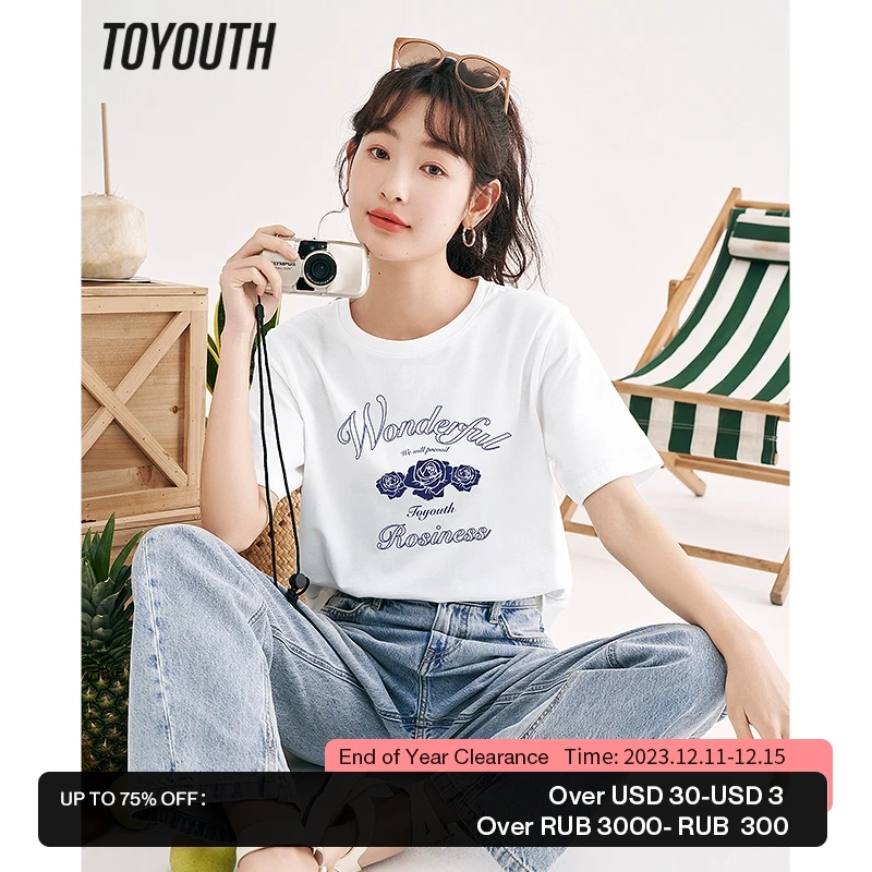 

Toyouth Women T-shirt 2023 Summer Short Sleeve O Neck Loose Tees Rose Flower Print Pure Cotton Comfort Elegant Basic Tops