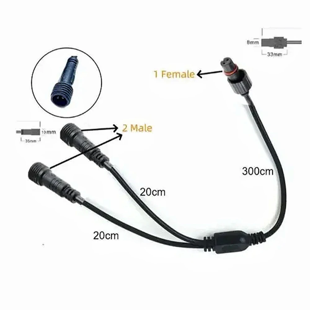2 Pin Waterproof DC12V-24V Led Diversion Cable Connector 3M Cable Outdoor