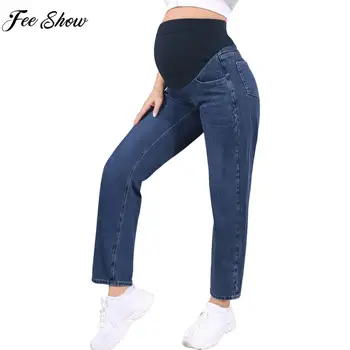 Pregnant Women High Waist Support Belly Jeans Maternity Hip Lifting Casual Denim Pants for Daily Office Work Wear Streetwear