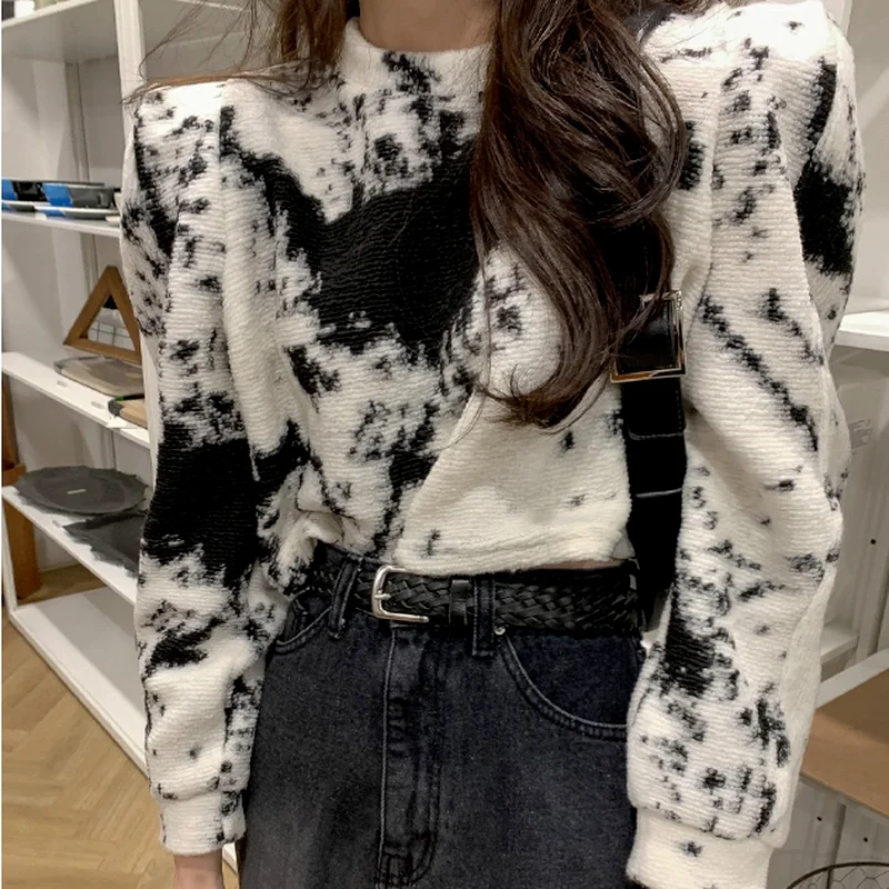 

pullover Autumn/winter elegant retro ink smudge round neck print loose short casual long-sleeved sweater women Korean clothing