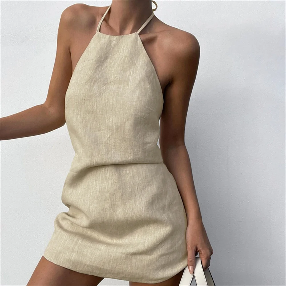 chinese dress ladies Women's Ayana Open Back Mini Dress in Off White Linen, L , Cut Out