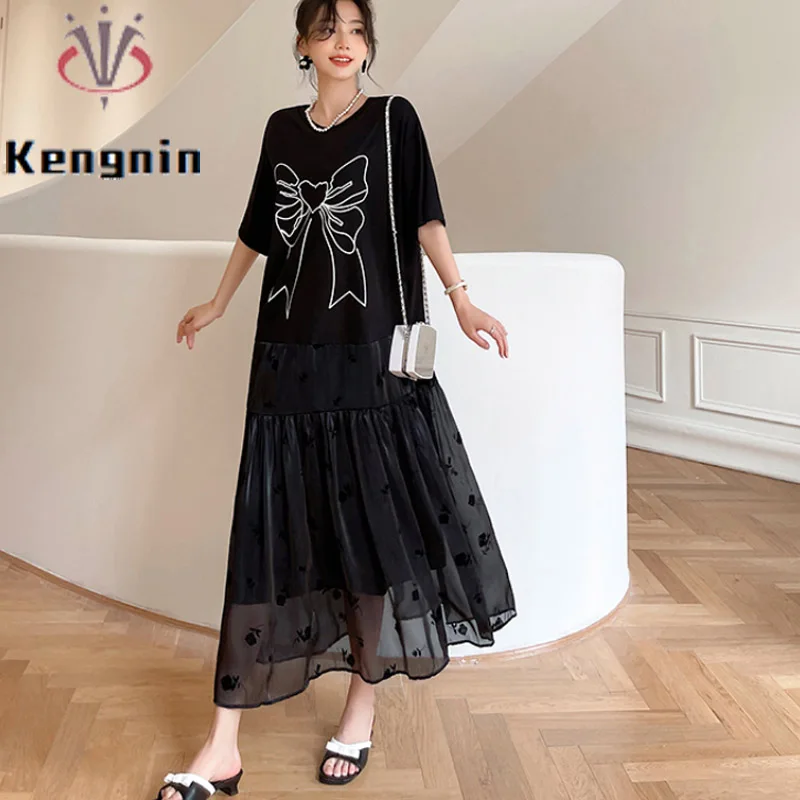 

Loose Plus Size 4XL Women's Clothing 2023 Summer Butterly Print Patchwork Lace Black Pleated Dress Female Robe Vestido KE2823
