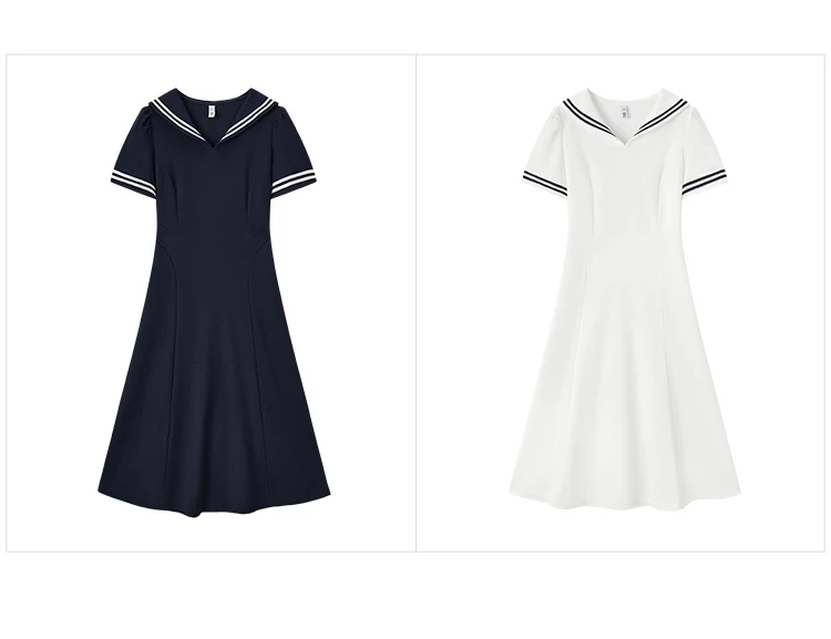 Dress Women Navy Collar With A Collegiate And Artistic Style Summer New White Moonlight Waist-Cinched Long Dress