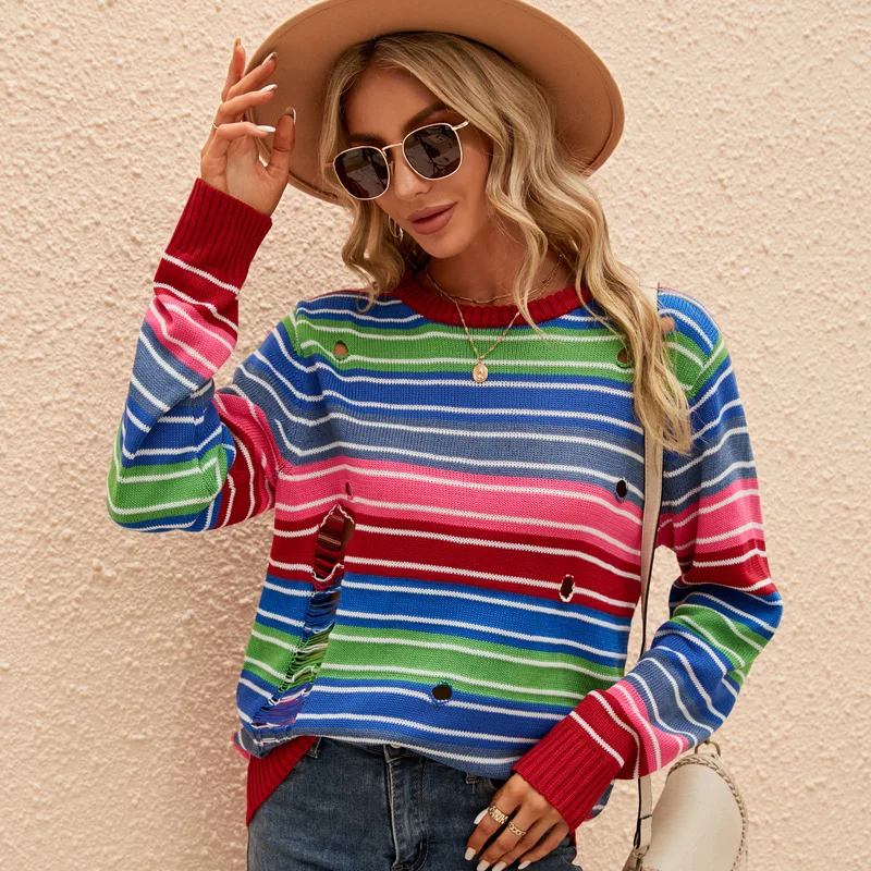 

Colorful sweater Long sleeved round neck striped knit casual contrast torn sweater