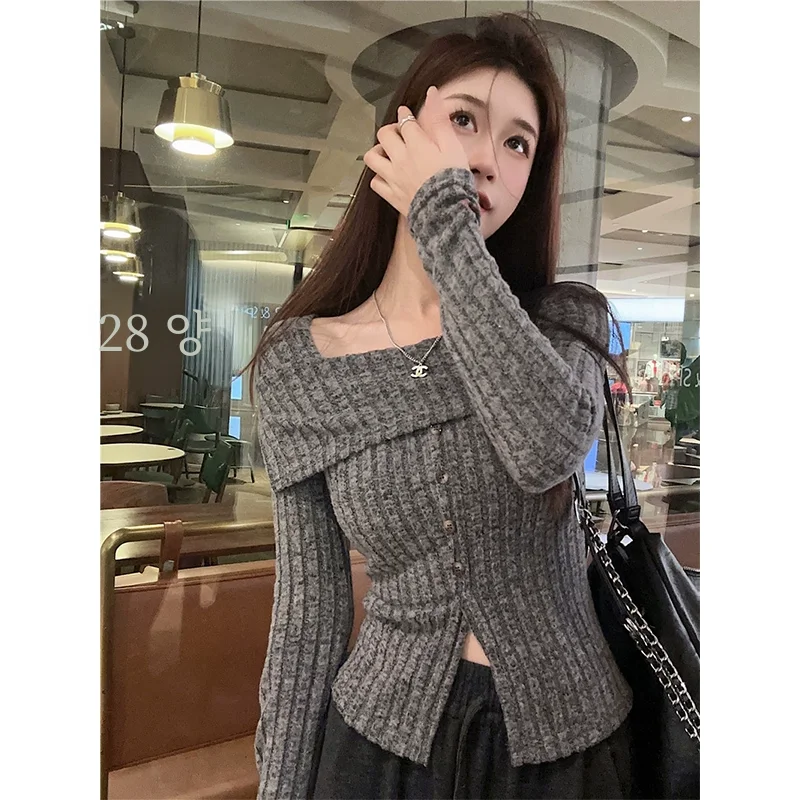 스퀘어 칼라 쇄골 니트 여성 의류 봄 2024 새로운 틈새 디자인 감각 슬림 핏 슬리밍 긴 소매 스웨터 