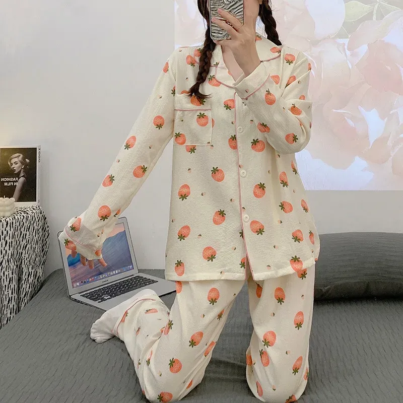 Autumn Women's Sleepwear Thin Bubble Cotton Home Clothes Set Sweet plus Size Fat MM Can Wear Outdoor Home Clothes Set