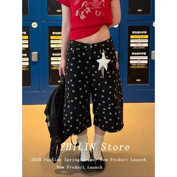 Korean Retro Design Polka Dot All-over Print Women's Jeans 2026 Summer New Loose Slimming Versatile Wide-leg Capri Pants Ladies 1