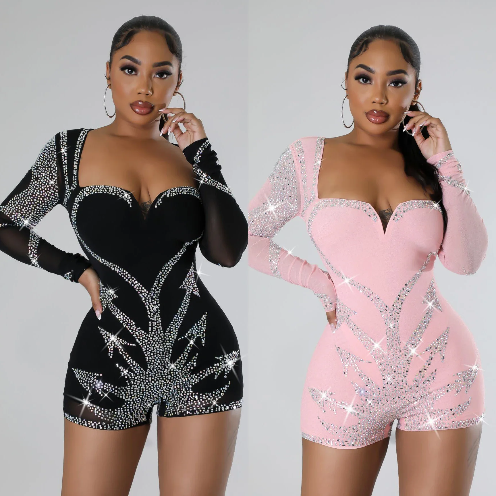 Sexy Rhinestones Bodycon Short Jumpsuits Elegant Rompers 2023 Winter Fall Clothes Women One Piece Pink Bodysuit Playsuits Outfit