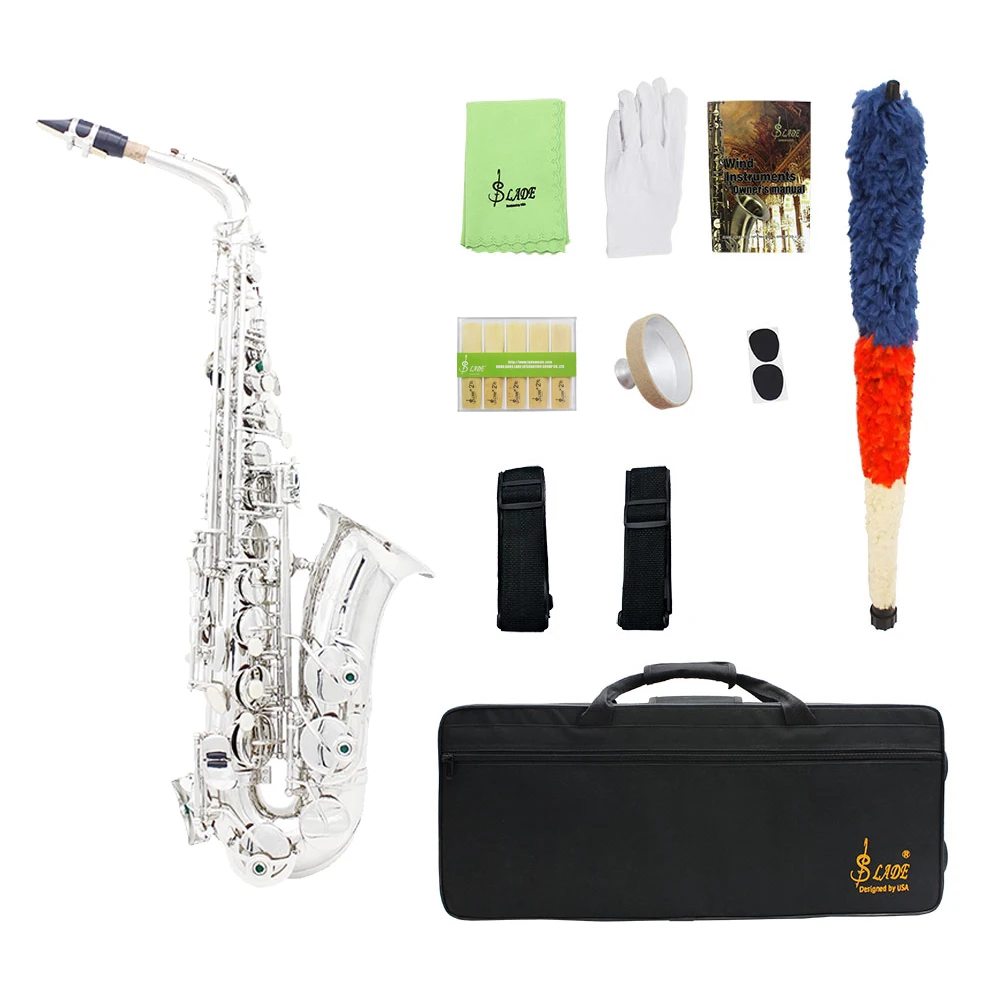 

SLADE Alto Saxophone Brass Lacquer Silver Eb E Flat Sax Woodwind Musical Instrument With Gloves Saxophone Parts & Accessories