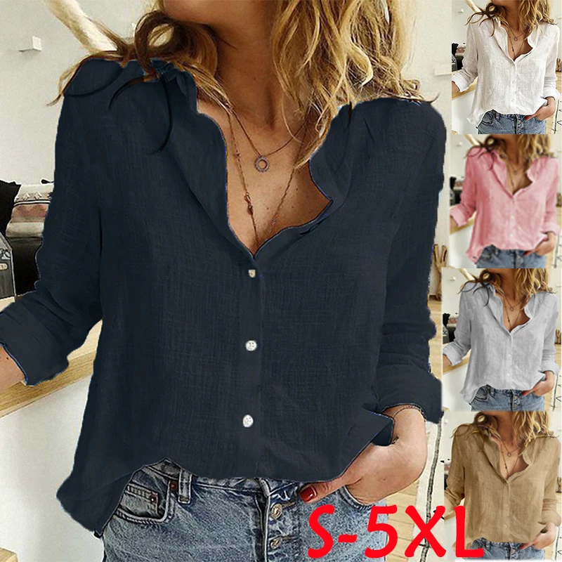 

Classic Fashion Women Clothing V-Neck Pure Color Cotton Linen Shirts Style Lapel Collar Button-Up Shirts Long Sleeve Blouse Tops