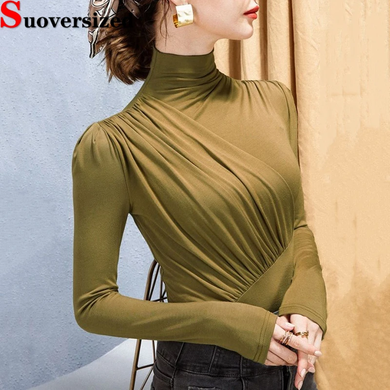 

Elegant Women's Turtleneck Modal T-shirts Fall Winter Korean Casual Chic Tees Slim Stretch Camisetas Solid Long Sleeve Tops