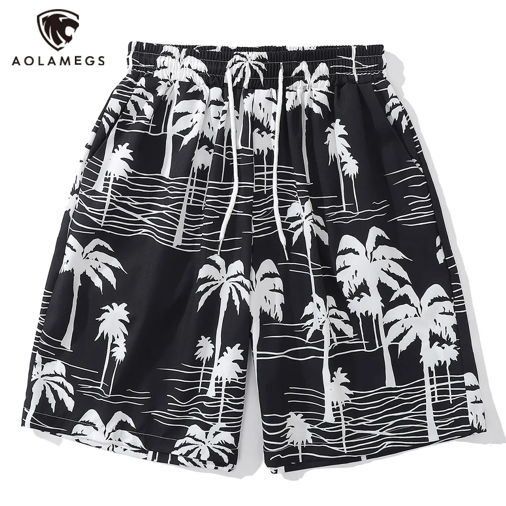 

Streetwear Men Coconut Trees Graphic Black White Print Shorts Hip Hop Drawstring Five Point Pants Oversized Summer Unisex Shorts