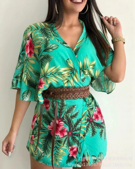 Long pants set for women in the summer of 2024, casual and fashionable plant print, versatile daily high waisted long pants set