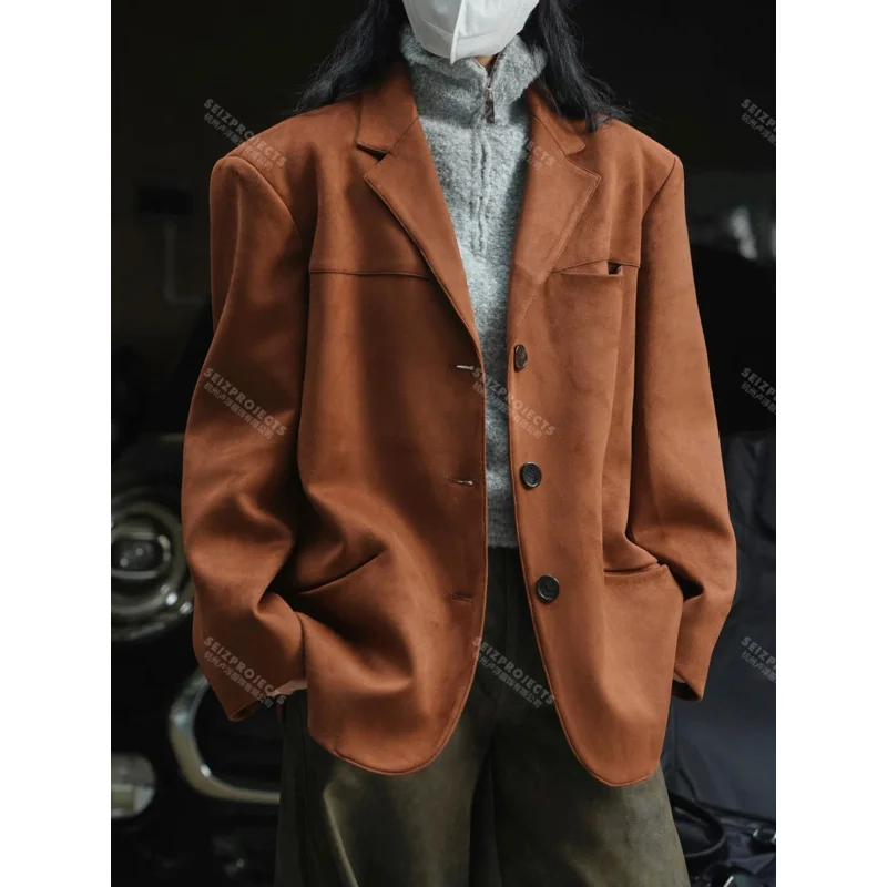 

Winter Curved Pocket Oversized Blazer Jacket Brown Green Loose Straight Coat For Women