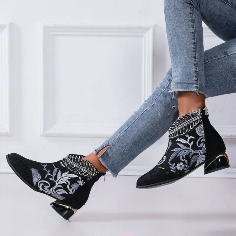Women New Ethnic Style Embroidery Rhinestone Mid Calf Boots Autumn Winter Chunky Heels Booties Plus Size 36-43 Zapatos De Mujer