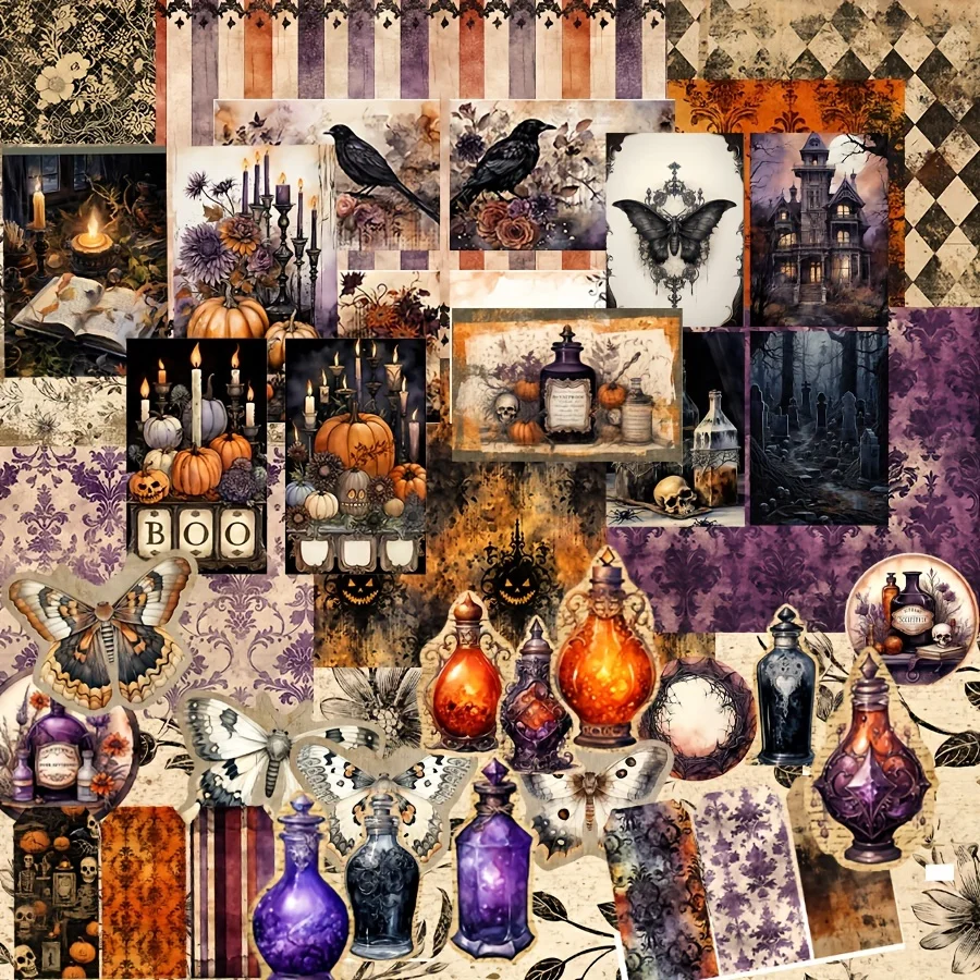 108pcs Card and Sticker set Halloween Dark,Potion Jar Patterns for Holiday Party Flag DIY,Bottle, Album,Junk Journal JAIIMAN stickers scrapbooking supplies