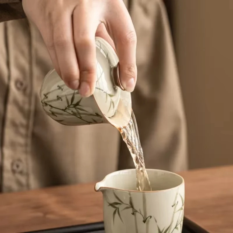 Hand Painted Green Bamboo Tea Tureen ceramic Chawan Gaiwan Supplies Puer Jingdezhen Bowl Cover Cup Chinese Porcelain Tableware