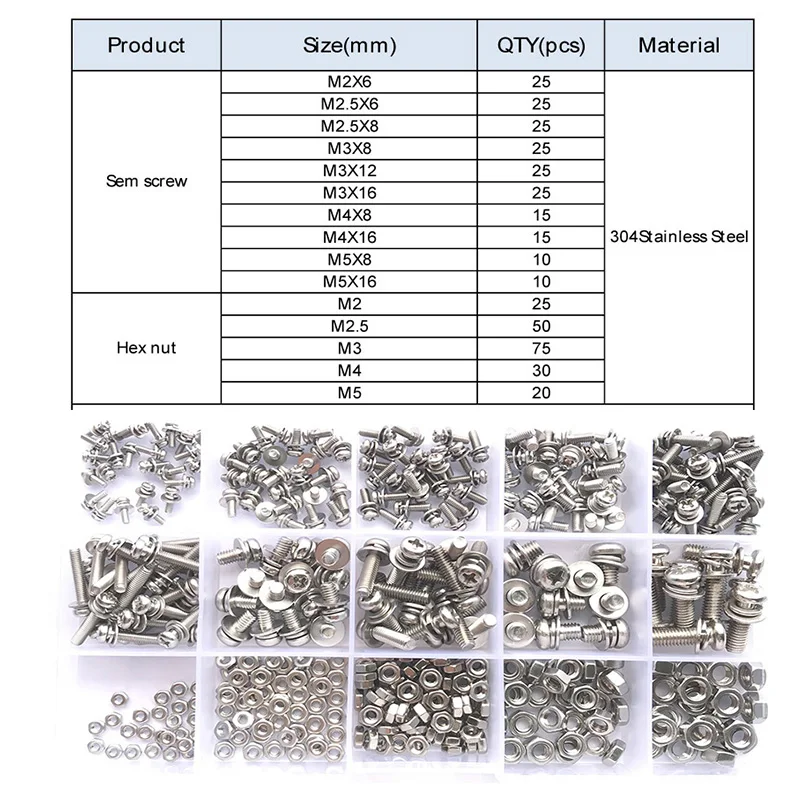 400/510pcs Stainless Steel Cross Round Pan Head Screw Assortment Kit M2 M2.5 M3 M4 M5 Phillips Machine Screw Set with Nut Washer