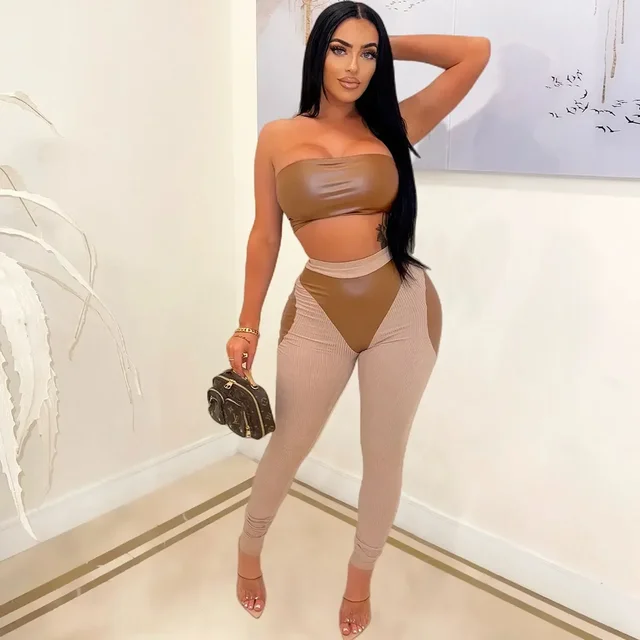 Isabel PU Leather Strapless Ribbed Pant Set 8