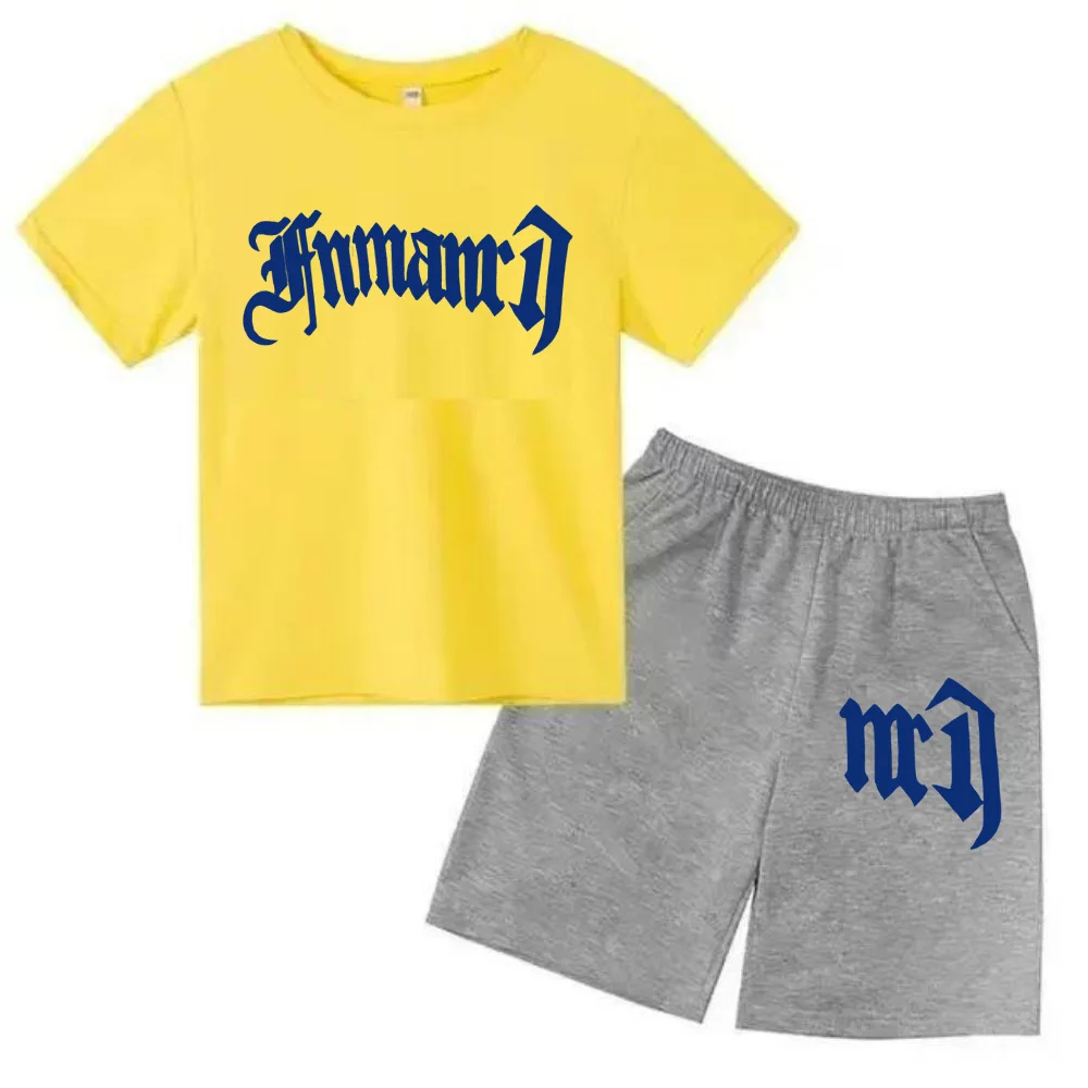 thumbnail image 1 of Ropa para niños con estampado de marca gótica, conjunto de camiseta y pantalones cortos de verano para adolescentes, 2 piezas, manga corta, moda informal para niños y niñas, 1 of 5