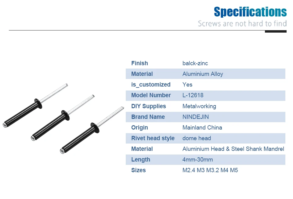 NINDEJIN 10–50 Stück schwarze Blindnieten Pop Nieten M2,4 M2,8 M3 M3,2 M4 M5 Aluminium Pilzkopf Dorn Pop Nieten für Möbel – Detail 3