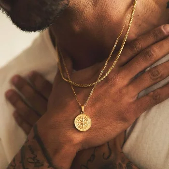 Gold Compass Necklace for Men Layering Stacked Cuban Figaro Chain Necklaces Casual Punk Kpop Stainless Steel Jewelry Boy Collar