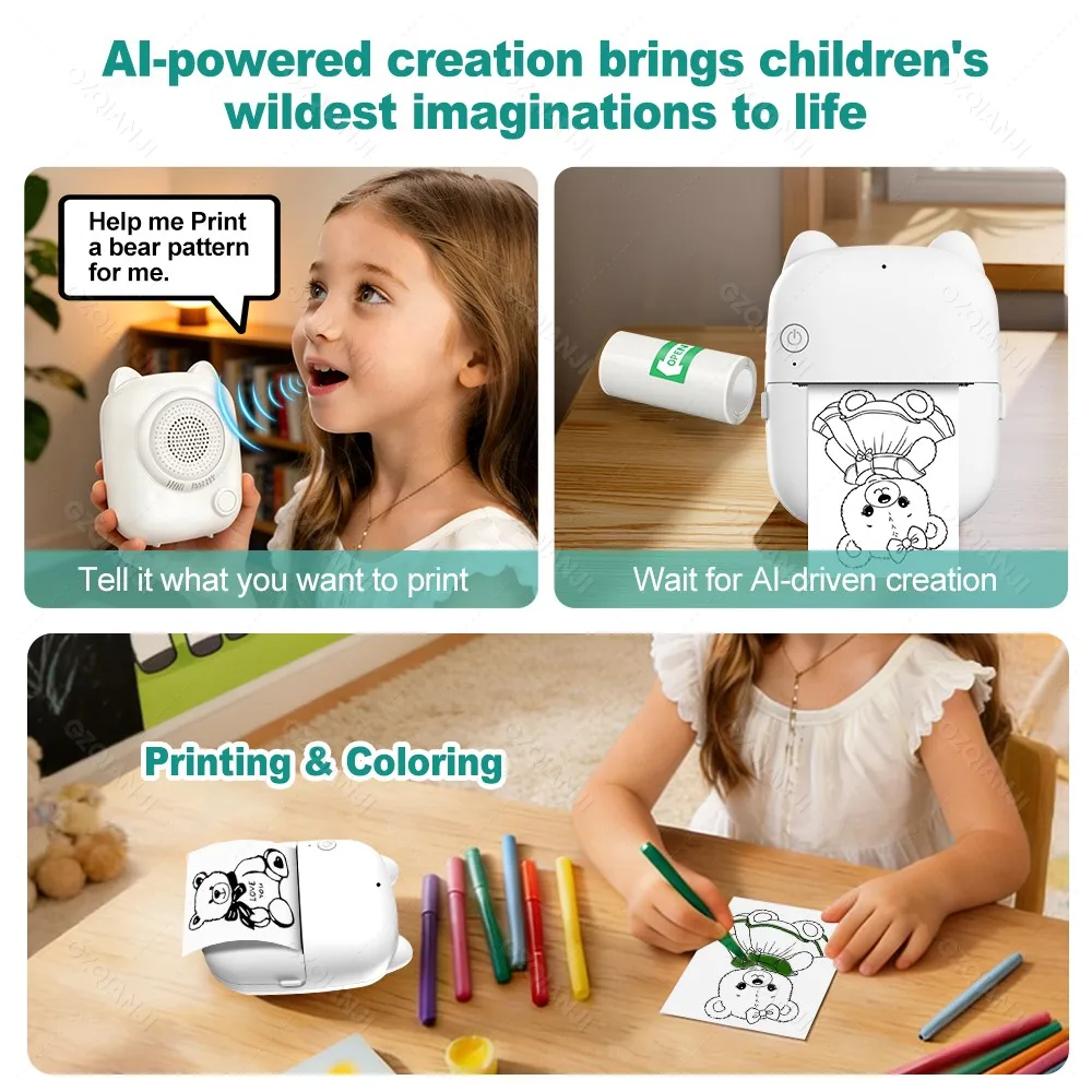 2026 AI 포켓 프린터(1롤 용지 포함) 음성 인쇄, AI 사진 생성 지원, 영수증, 라벨, 스티커, 메모, 목록 출력 기능 탑재