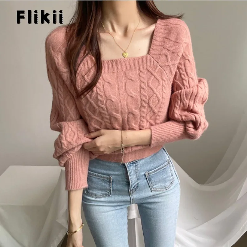 

2023 Autumn Winter Casual Office Lady Knitting Long Sleeve Cardigans Women's Korean Fashion Square Collar Solid Color Sweater