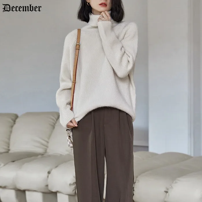 

December Autumn Winter New Cashmere Sweater Women's High Lapel Jumper Wool Loose Bat Sweater Fashion Korean Oversized Top