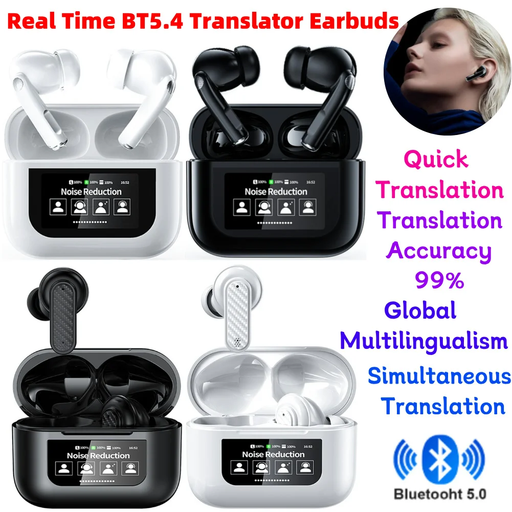 Wireless BT5.4 real time translator earbuds ANC noise cancelling 144 languages instant quick translated translation accuracy 99% translator earbuds translator earphones voice translator language translator wireless earbuds translation headset
