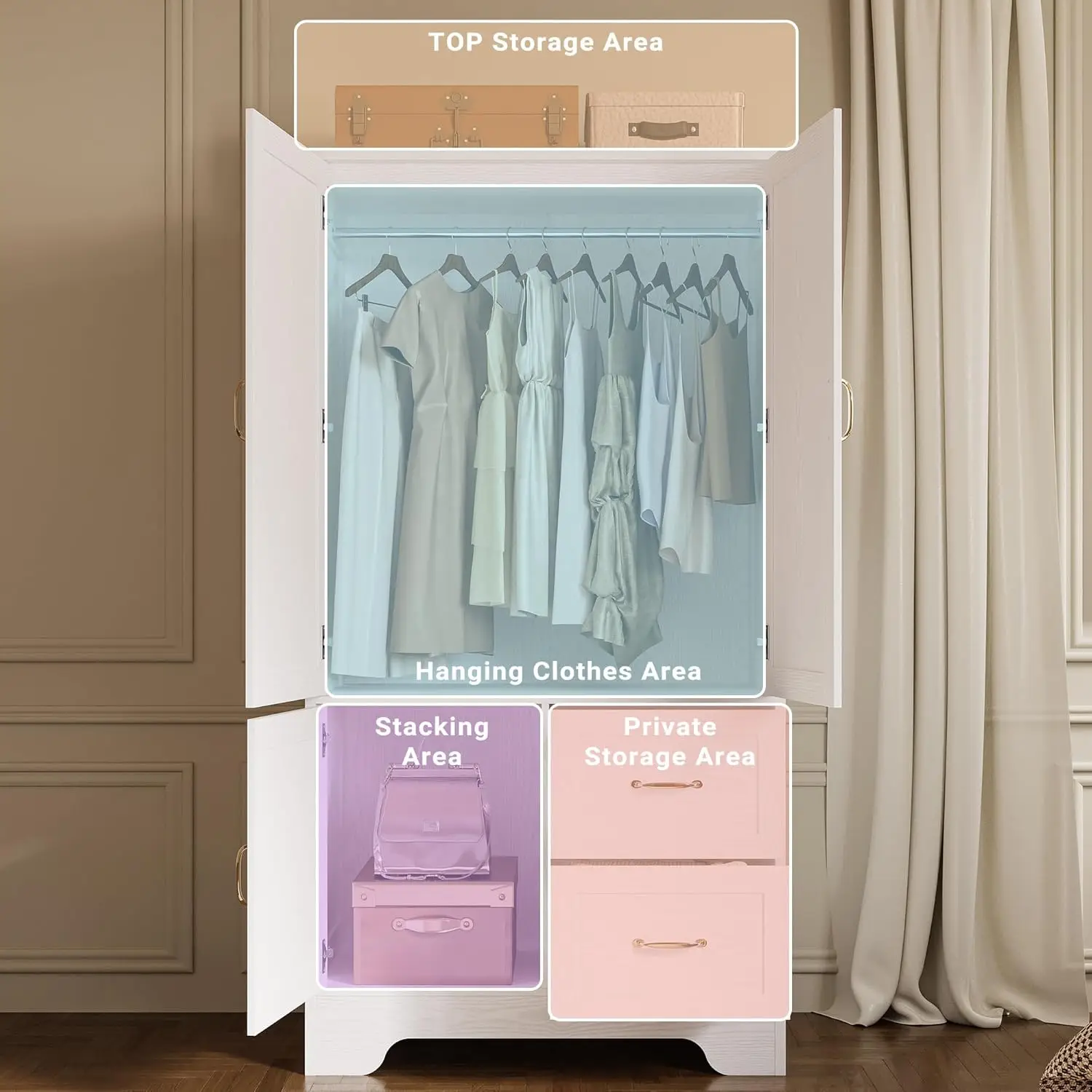 Wardrobe Closet with Mirror and Doors and Drawers and Shelves, Wooden Armoire Storage Cabinet with Hanging Rod for Bedroom 5