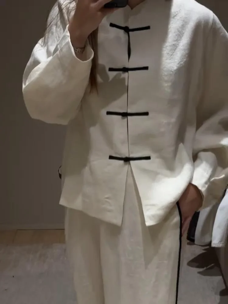 Conjunto Feminino de Calças de Linho Vintage com Blusa de Botões e Calças de Perna Larga - Roupa Casual Elegante para Escritório Primavera Verão 5