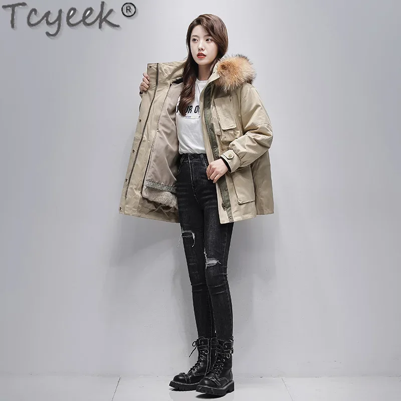 

Tcyeek Winter New Rex Rabbit Fur Liner Coat Loose Mid-long Womens Parka Fashion Fur Jacket for Women Clothing Raccoon Fur Collar