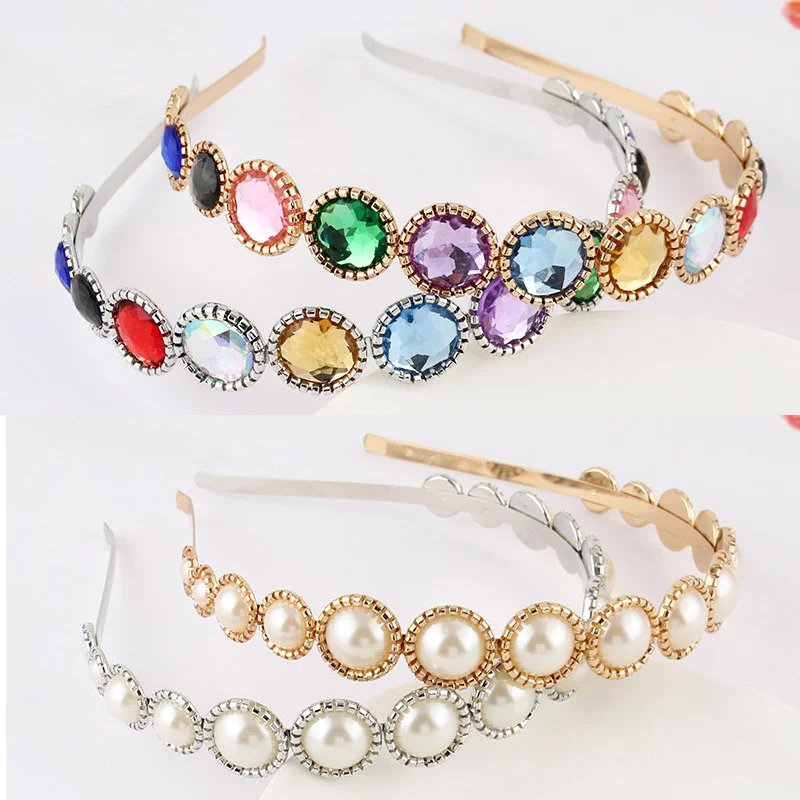 

Shiny Colorful Rhinestones headband for Women Baroque pearl Crystal hairband fashion metal Hair Hoop Diamond Hair Accessories