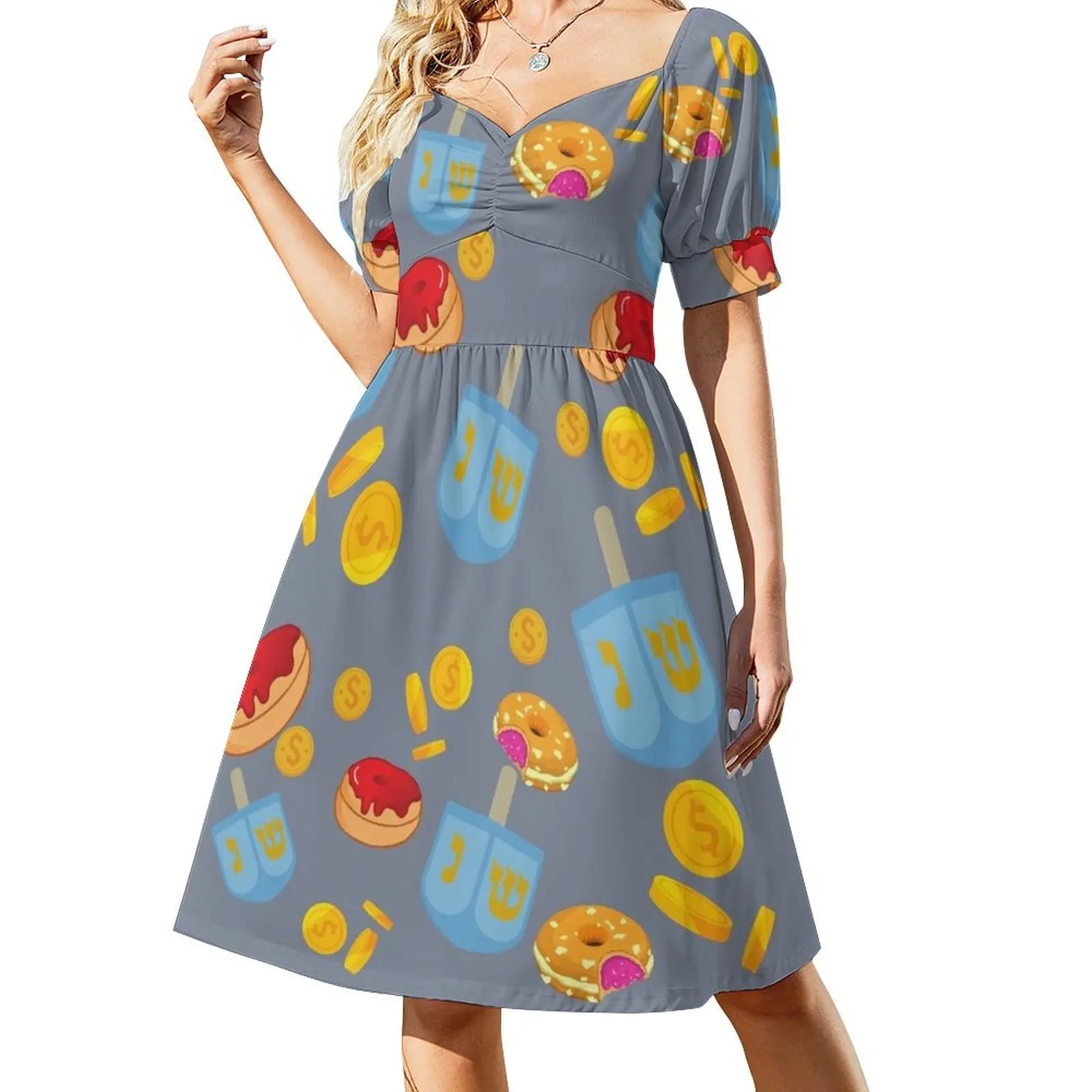 thumbnail image 1 of Vestido de manga corta con diseño de dreidel de Hanukkah / Chanukah Ropa Tendencia de ropa de mujer Vestidos de moda para mujer Vestido, 1 of 7