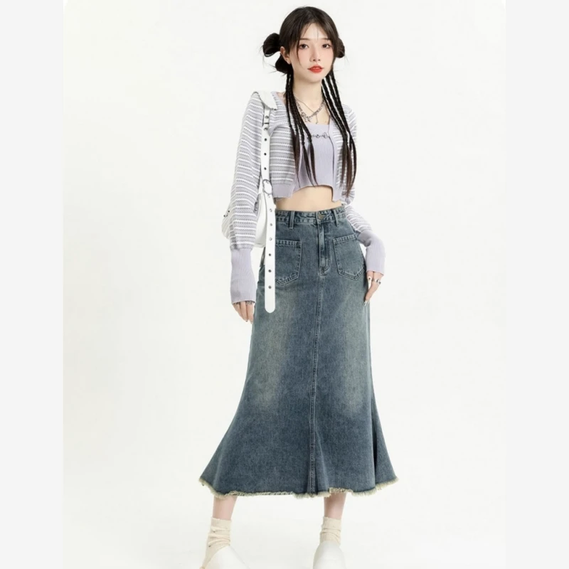 Vintage Fishtail Denim Skirts Women's Summer 2024 New High Waist Raw-Edge Long Jeans Skirt Casual Pockets Tassel  Woman Clothing