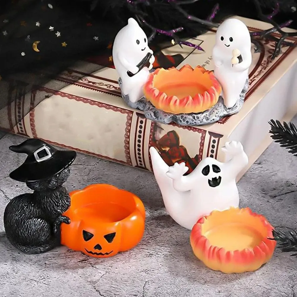 Home Decoration Cartoon Halloween Candle Holder Resin Decorative Pumpkin Candelabra Vintage Desktop Ornament Table Centerpiece