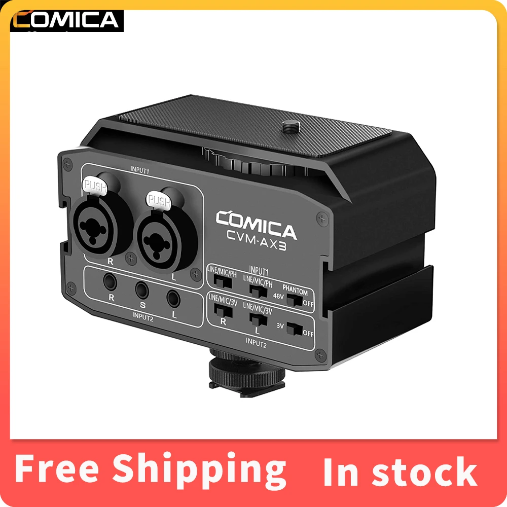 

Comica CVM-AX3 XLR Microphone Audio Mixer, Dual XLR/3.5mm/6.35mm Port Camera Preamp With Real-time Monitoring For DSLR Camera