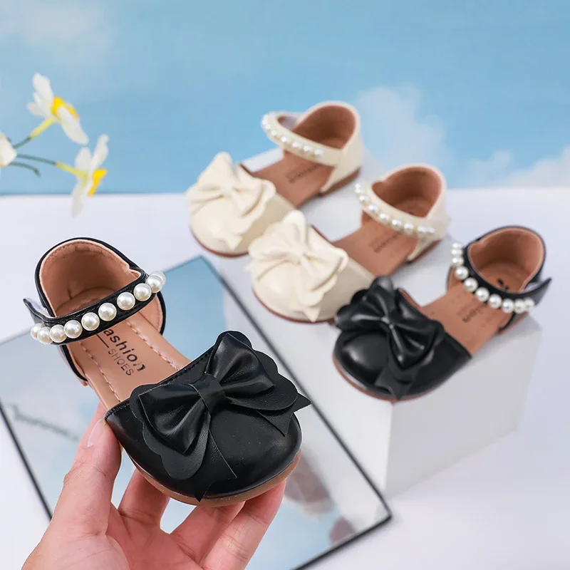 Girls Pearl Flat Sandals Summer Wedding Party Shoes