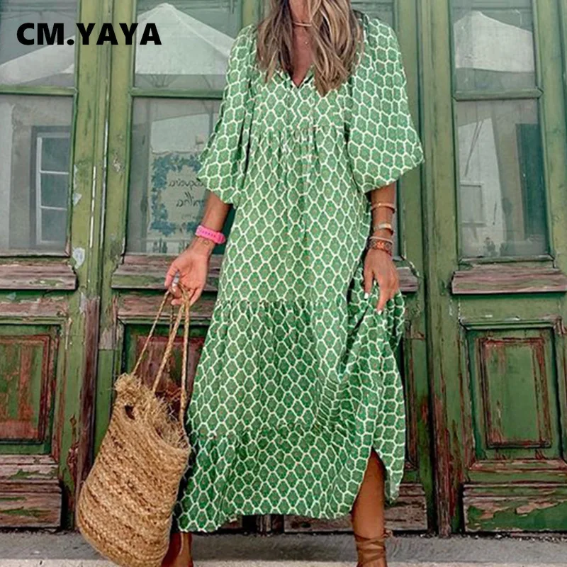 Women Long Dress Print Half Sleeve V-neck Loose Maxi