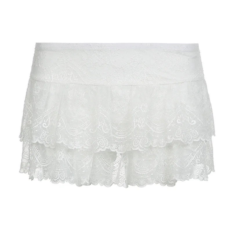 Falda de encaje Y2K para mujer, ropa Fairycore, falda elástica de cintura baja con capas, faldas Lolita Kawaii, ropa de calle de los años 2000
