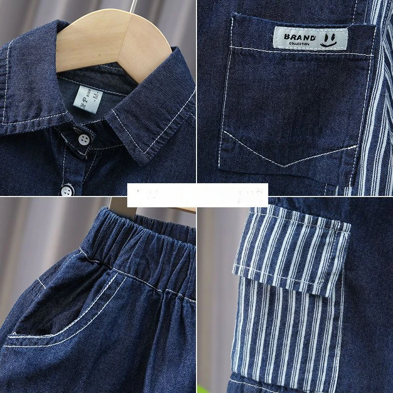 Summer Kids Boys Handsome Clothing Children Casual Denim Short Sleeve Shirt+ Shorts 2Pcs/Set Kids Striped Sportswear 2-10Y