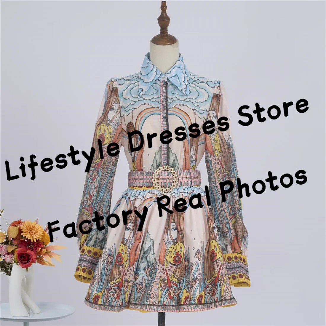 

Brand Constellation Series Printed Skirt Two-piece Set Long Sleeves Shirt Flower Belt High Quality Holiday Dress Party Gown