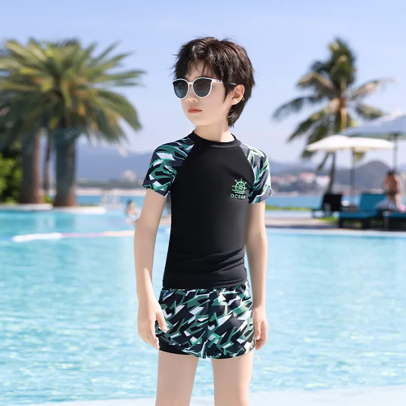 

2023 Boy's Swimsuits 2pcs Short-Sleeve Pool Surfing Diving Suit Children's Sunscreen SwimWear Teenager Quick-Drying Wetsuit