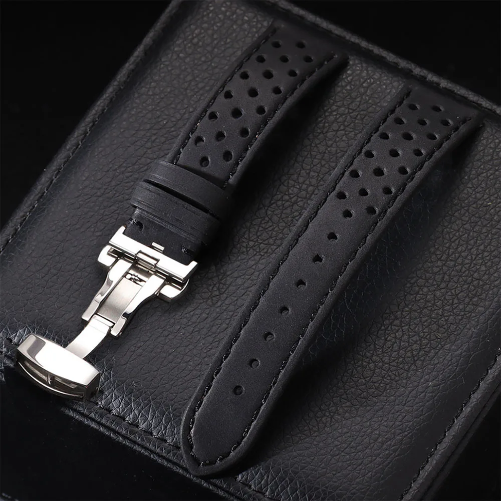 Universal Genuine Cowhide Leather Watch Band with Butterfly Buckle - Vintage, Breathable Strap