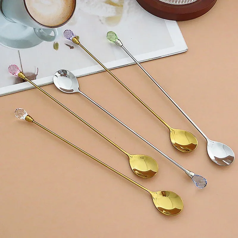 Crystal Spoon Set Long Handle Teaspoon 430 Stainless Steel Diamond Ice Spoon Perfect for Dessert Ice Cream Coffee Cocktail 1pcs