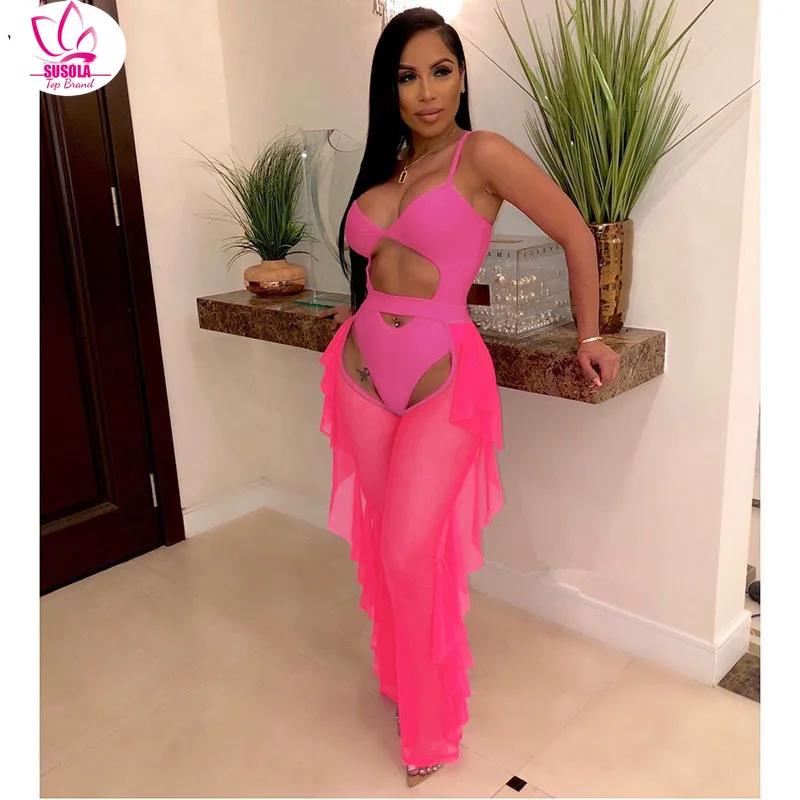

SUSOLA Long Tassel Mesh Summer Beach Bodysuits for Women Sexy Hollow Out V Neck Lace Up Halter Backless Swimsuit Jumpsuits